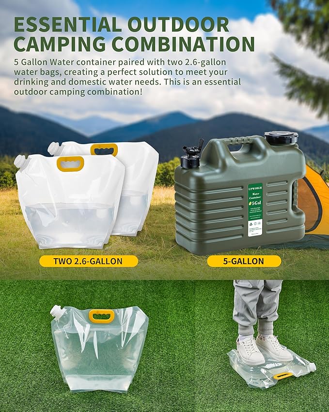 5 Gallon Water Jug and 2.6Gal Collapsible Water Bag Set of 2,Thickened Water Storage Overlanding Gear Containers, Camping Essential Leak-Proof Green Portable Water Tank,BPA Free Outdoors Hiking