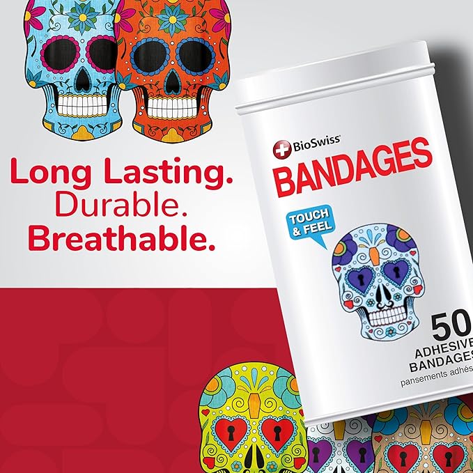 BioSwiss Bandages, Skulls Shaped Self Adhesive Bandage, Latex Free Sterile Wound Care, Fun First Aid Kit Supplies for Kids, 50 Count