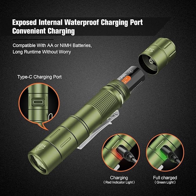 FZH S21 Rechargeable LED Flashlight 880 Lumen Mini EDC Tail Switch Flashlight (Powered by USB Rechargeable Battery), Slim Pocket Flash Light with On/Off Locking Mode for Camping, Outdoor, Emergency