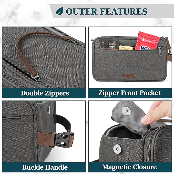 PAVILIA Toiletry Bag for Men Women, Canvas Travel Dopp Kit, Water Resistant Hygiene Bag Toiletries Organizer, Shaving Kit Travel Accessories Bag, Grey