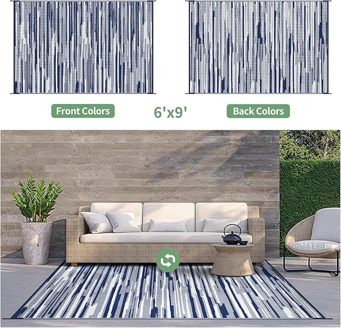GENIMO Outdoor Rug for Patio Clearance, 6'x9' Waterproof Camping Mat, Reversible Plastic Straw Rugs for RV, Camper, Balcony, Backyard, Picnic, Deck (Blue White)
