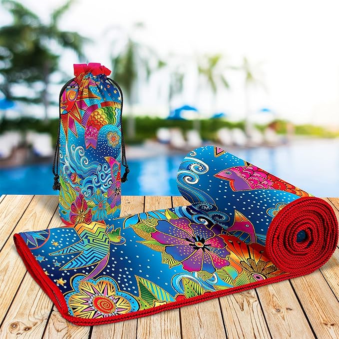 Laurel Burch Celestial Magic Large Oversized Microfiber Beach Towel - 40x63 Inches, Sand-Free, Quick-Drying, Ultra-Soft, Ideal for Travel, Pool, and Yoga - Includes Matching Drawstring Travel Pouch