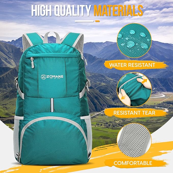 ZOMAKE Lightweight Packable Backpack 35L - Light Foldable Backpacks Water Resistant Collapsible Hiking Backpack - Compact Folding Day Pack for Travel Camping(Lake Green)