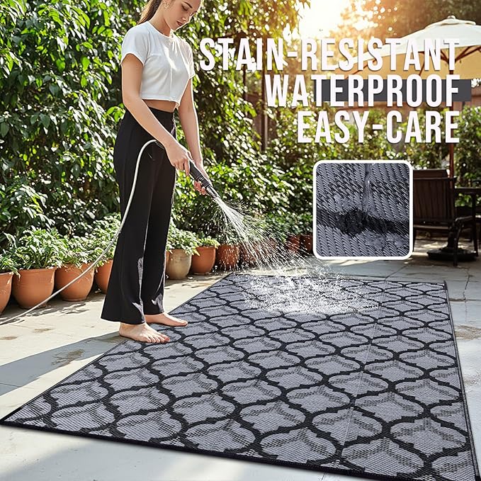 OLANLY Reversible Outdoor Rug 8x10 ft Clearance, Waterproof Outdoor Plastic Straw Rug with Interlacing Pattern, RV Mat for Patio, Camping, Balcony, Deck, Backyard, Black & Grey