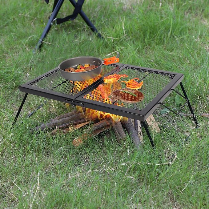 REDCAMP Folding Campfire Grill Heavy Duty Steel Grate, Portable Over Fire Camp Grill for Outdoor Open Flame Cooking Large