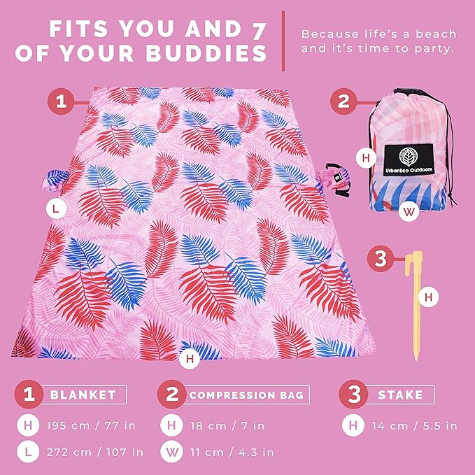 Lightweight Beach Blanket - Oversized 107" x 77" - Waterproof Sandproof - Double Anchored for Fun Leisure Beach Blanket - with Stake and Pouch - Durable Sand Beach Mat