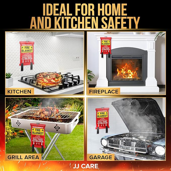 JJ CARE Fire Blanket – 4 Packs with Hooks – Emergency Fire Blanket for Home & Kitchen, High Heat Resistant Fire Suppression Blankets for Home Safety, Kitchen, and Camping