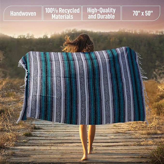 Authentic Extra Large Mexican Blanket (70"x50") - Handwoven Yoga Blanket, Serape Blanket - Artisanal Falsa Blanket, Beach Blanket, Camping Blanket, Picnic Blanket, Outdoor Blanket (Emerald)