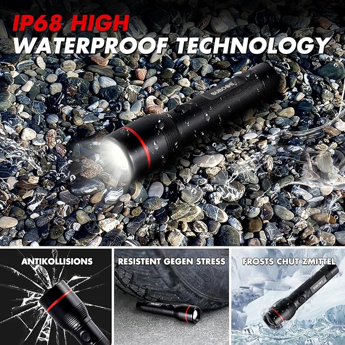 SUBOOS X50 Pro LED Rechargeable Flashlight, Super Bright 15000 Lux, Long Lasting, USB-C, Compact, Heavy Duty, Tactical 5 Modes, 250M Range, Small Wateproof Flash Light for Fishing, Camping