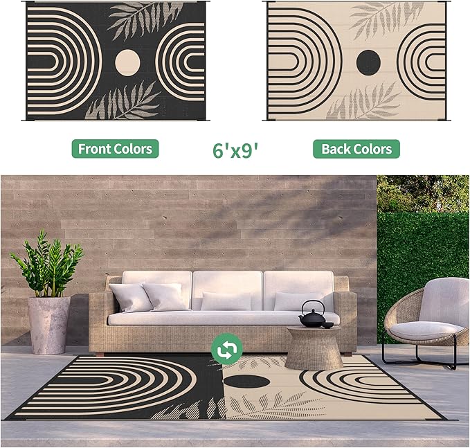 GENIMO Outdoor Rug 6' x 9' Waterproof for Patio Clearance, Reversible Lightweight Plastic Straw Camping Carpet, Large Area Rugs Mats for Rv, Backyard, Deck, Porch, Picnic, Balcony, Mix-Black & Beige