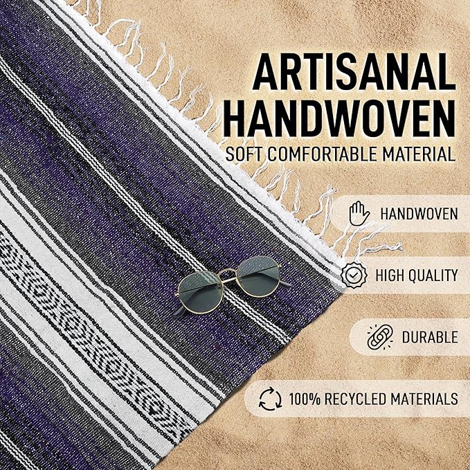 Authentic Extra Large Mexican Blanket (70"x50") - Handwoven Yoga Blanket, Serape Blanket - Artisanal Falsa Blanket, Beach Blanket, Camping Blanket, Picnic Blanket, Outdoor Blanket (Purple)