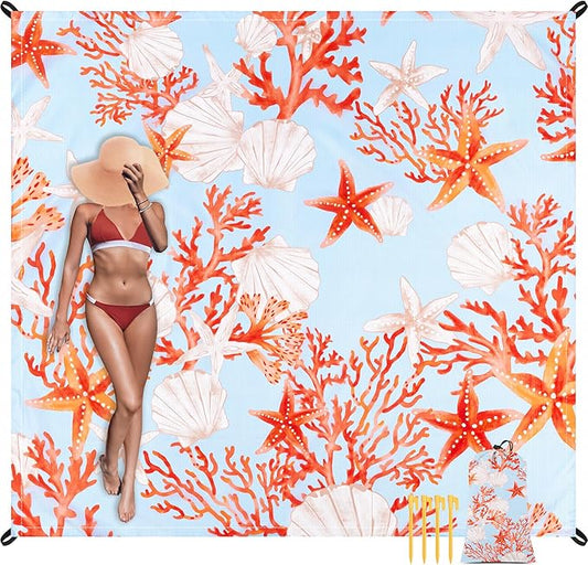 Beach Blanket, Waterproof Sandproof Beach Blanket with 4 Stakes & 4 Pockets, 78''×86'' Large Compact Lightweight Sand Free Outdoor Mat Essentials for Camping, Travel, Hiking