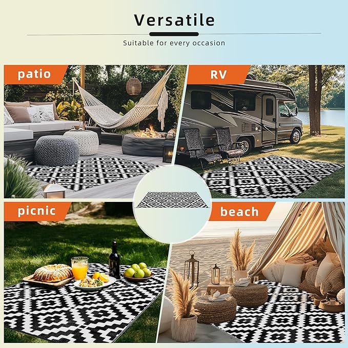 Favoyard Outdoor Rug 4x6 ft Waterproof Reversible Patio Plastic Straw Rugs for Decor Clearance Outside Large RV Camping Area Carpet Mat for Porch Deck Balcony Pool Backyard Picnic Beach Camper Door