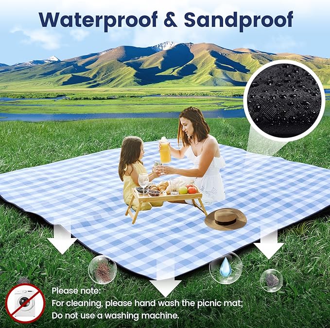 sapsisel 80”x 80” Picnic Blanket Extra Large, Waterproof and Foldable Beach Blanket, 3-Layer Outdoor Blanket for 6 to 8 Adults, for Camping, Park, Beach, Grass, Indoors…
