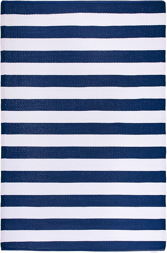 FH Home Outdoor Rug - Waterproof, Fade Resistant, Reversible - Premium Recycled Plastic - Striped - Patio, Deck, Porch, Balcony, Laundry Room - Brittany Stripe - Blue & White Crease Free - 4 x 6 ft