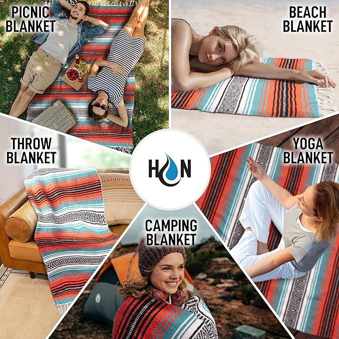 Authentic Large Handwoven Mexican Blanket - Soft Yoga Blanket - Durable Serape Blanket - Lightweight Falsa Blanket, Beach Blanket, Camping Blanket, Picnic Blanket, Outdoor Blanket 70"x50" - Mandarin