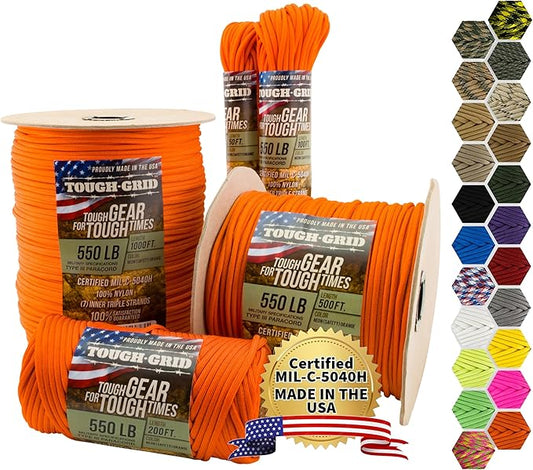 TOUGH-GRID Premium Neon Orange Paracord 550 lbs Made in USA Outdoor Survival Nylon Rope Tactical Heavy Duty Strands Parachute Cord Used by US Military Type III Mil-Spec
