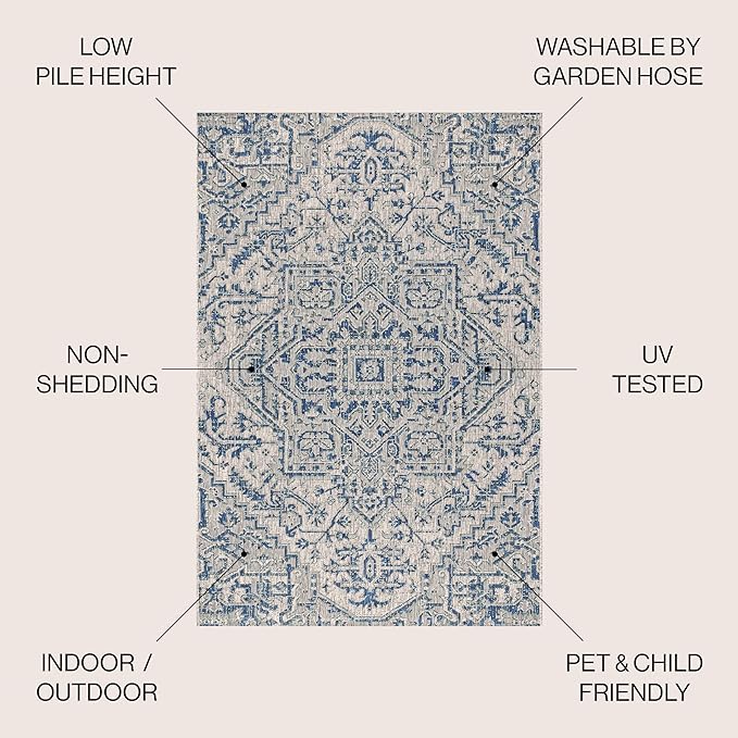 JONATHAN Y SMB105B-8R Estrella Bohemian Medallion Textured Weave Indoor/Outdoor Area Rug, Coastal, Traditional, Vintage for Bedroom, Kitchen, Living Room, Easy-Cleaning, Navy/Gray, 8' Round
