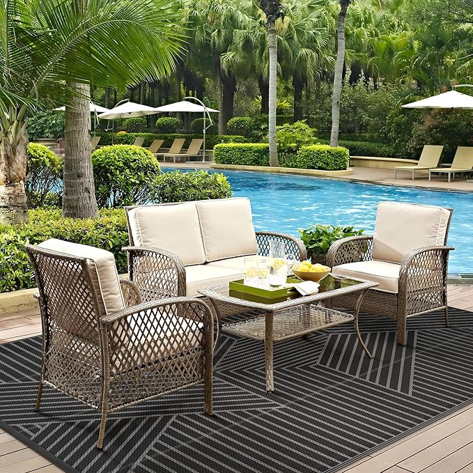 GENIMO Outdoor Rug 8'x10' for Patio Waterproof Clearance, Reversible Outdoor Plastic Straw Rug, Lightweight Carpet Camping Mat for Rv, Camper, Picnic, Balcony, Backyard, Deck, Porch, Black & Gray