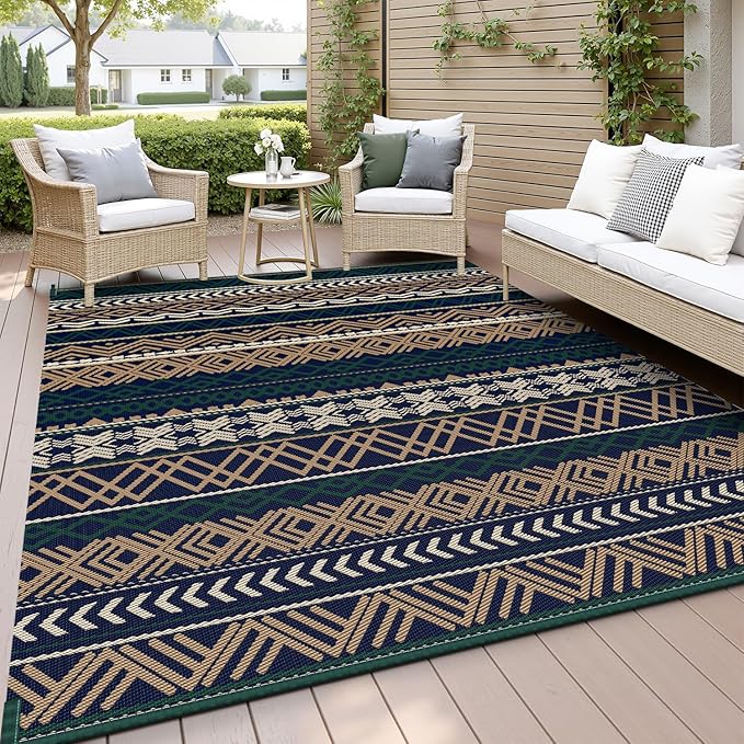 MontVoo Outdoor Rug Carpet 8x10 Waterproof-Patio Rug Mat Reversible RV Camping Rug Picnic Mat Plastic Straw Outside Rug for Balcony Porch Deck Beach-Boho Outdoor Area Rug for Patio Decor Colorful