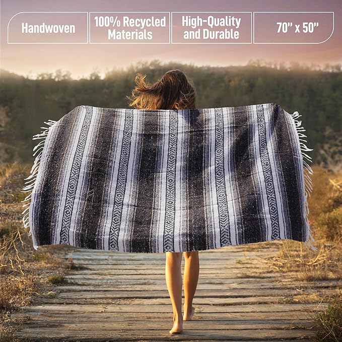 Authentic Extra Large Mexican Blanket (70"x50") - Handwoven Yoga Blanket, Serape Blanket - Artisanal Falsa Blanket, Beach Blanket, Camping Blanket, Picnic Blanket, Outdoor Blanket (Brown)