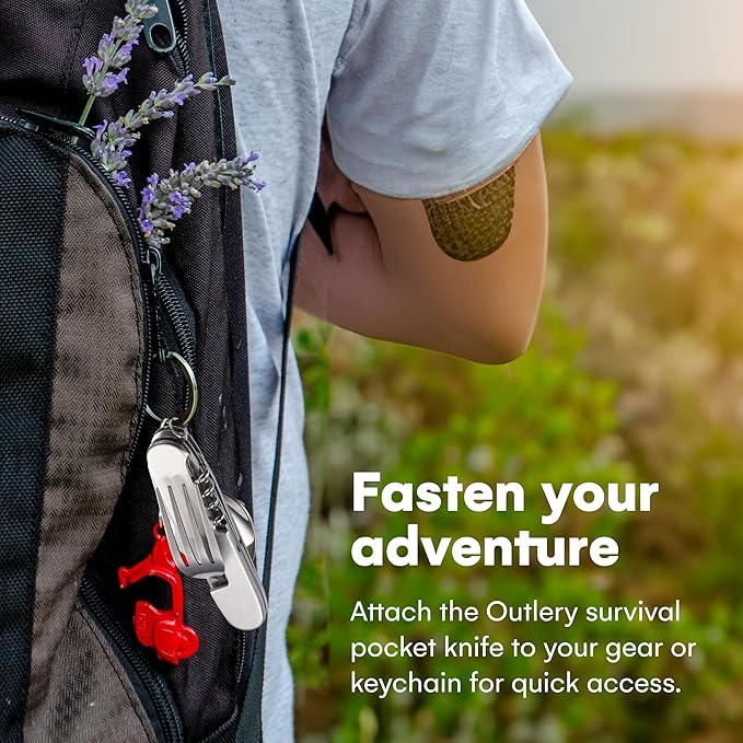 Outlery Survival Pocket Knife - Functional Backpacking Knife with Utensils and Utility Tool - Multifunction and Tactical for Camping or Hiking - Silver, Stainless Steel Multitool - H0.9xL4xW1.3 Inches