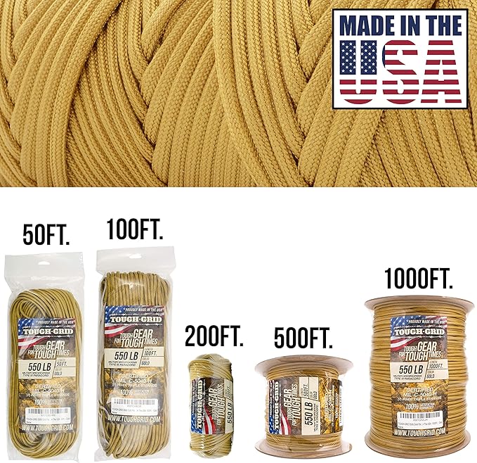 TOUGH-GRID Premium 550lb Paracord Rope - 50 Ft. - Gold - 100% Nylon Type IV Mil-Spec - UV & Abrasion Resistant - Heavy Duty Strands - Outdoor Survival Rope - Used by US Military - Made in USA
