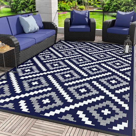GENIMO Outdoor Rug for Patio Clearance, 6'x9' Waterproof Camping Mat, Reversible Plastic Straw Rugs for RV, Camper, Balcony, Backyard, Picnic, Deck (Mix Navy Blue White)
