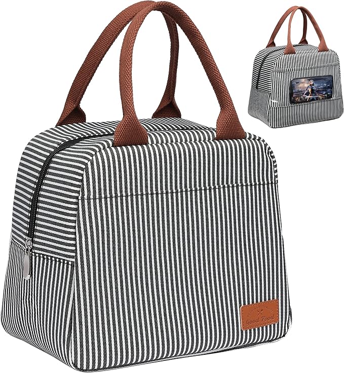 Bagseri Insulated Lunch Bag Women - Lunch Bag for Women Men Reusable Lunch Box Leakproof Thermal Cooler Sack Food Handbags Case High Capacity for Work and Picnic (Black White Stripe)