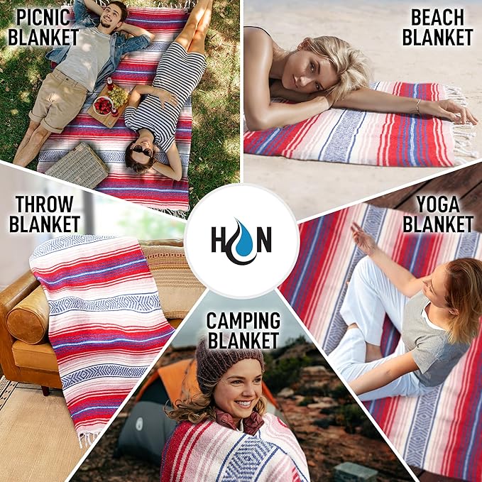 Authentic Large Handwoven Mexican Blanket - Soft Yoga Blanket - Durable Serape Blanket - Lightweight Falsa Blanket, Beach Blanket, Camping Blanket, Picnic Blanket, Outdoor Blanket 70"x50" - Coral