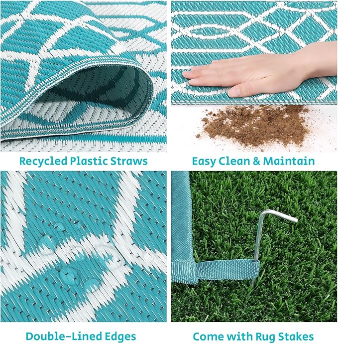 HEBE Outdoor Rug 9'x12' for Patios Waterproof Clearance Reversible Patio Mat Plastic Straw Rug RV Camping Mat Outside Area Rug Carpet for Camping RV,Porch,Deck,Balcony,Camper,Backyard