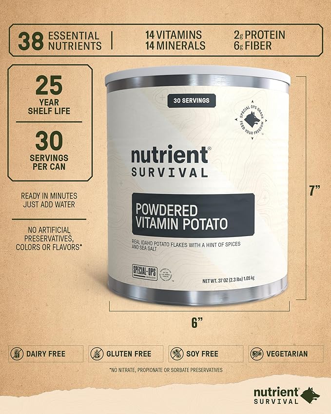 Nutrient Survival Potato Flakes, Powdered Vitamin Potato (30 Servings) for Mashed Potatoes, Soups, Emergency Food Supply & Camping Supplies, 38 Nutrients, Shelf Stable Up to 25 Years, One Can