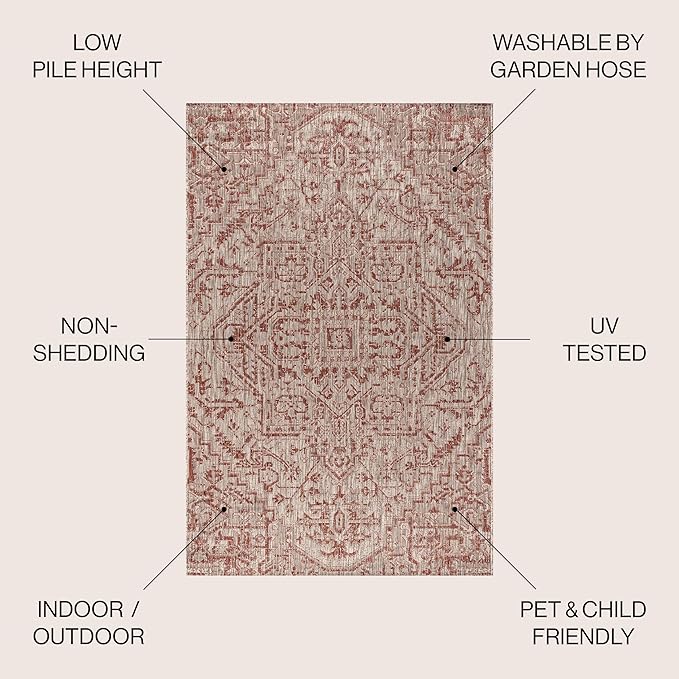 JONATHAN Y SMB105A-4R Estrella Bohemian Medallion Textured Weave Red/Taupe 4' Round Indoor/Outdoor Area Rug, Pet Friendly, Non-Shedding, Stain Resistant, Easy-Cleaning for Backyard, Patio, Porch