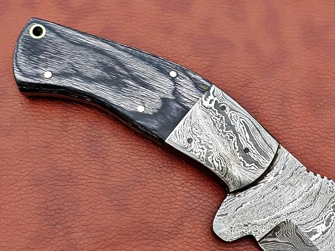 11.5" Long Hand Forged Damascus Steel Trailing Point Full Tang Blade Skinning Knife, 2 Tone Black Dollar Wood Scale with Damascus Bolster, Cow Hide Leather Sheath Included