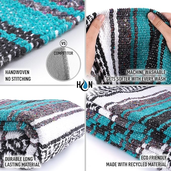 Authentic Extra Large Mexican Blanket (70"x50") - Handwoven Yoga Blanket, Serape Blanket - Artisanal Falsa Blanket, Beach Blanket, Camping Blanket, Picnic Blanket, Outdoor Blanket (Emerald)