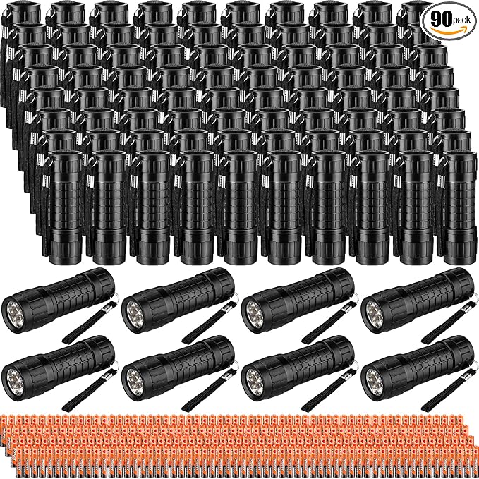 90 Pcs Mini Flashlight 9 LED Handheld Torch Bulk Kids Flashlight Plastic Handheld Flashlights with Lanyard Camping Necessities for Homeless School, 270 Pcs AAA Batteries Included (Black)