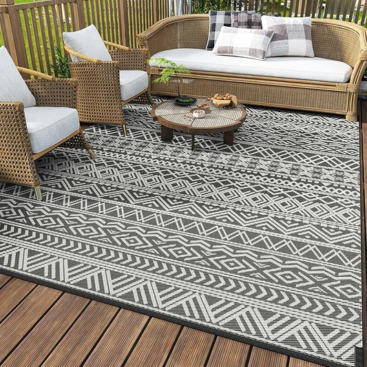 MontVoo Outdoor Rug Carpet Waterproof 9x12 Outdoor Patio Rug Mat Reverisble Plastic Straw Outdoor Rug for RV Camping Picnic Beach Balcony Boho Grey Large