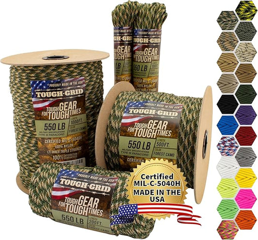 TOUGH-GRID Premium 550lb Paracord Rope -200ft - Forest Camo - 100% Nylon Type III Mil-Spec - UV & Abrasion Resistant - Heavy Duty Strands - Outdoor Survival Rope - Used by US Military - Made in USA