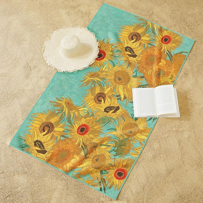 Large Oversized Microfiber Beach Towel - 40x63 Inches, Sand-Free, Quick-Drying, Ultra-Soft, Ideal for Travel, Pool, Yoga, and Camping - Includes Matching Drawstring Travel Pouch, van Gogh Sunflowers
