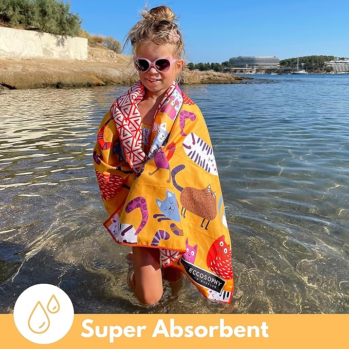 ECCOSOPHY Microfiber Kids Beach Towels & Pouch 60"x30" for Girls & Boys - Quick Dry Pool Towels - Sand Free Beach Blanket for Travel - Camping - Vacation - Toallas Playas