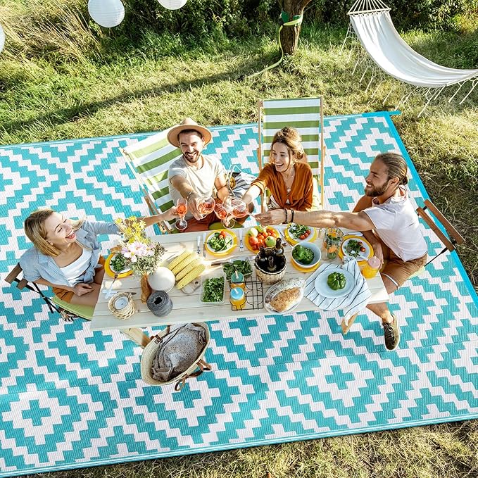 Outdoor Patio Plastic Straw Rug - 6'x9' Outdoor Camping Rug Waterproof Reversible, Area Carpet Patios Clearance RV, Outside Porch Balcony Deck for Camper, Blue & White