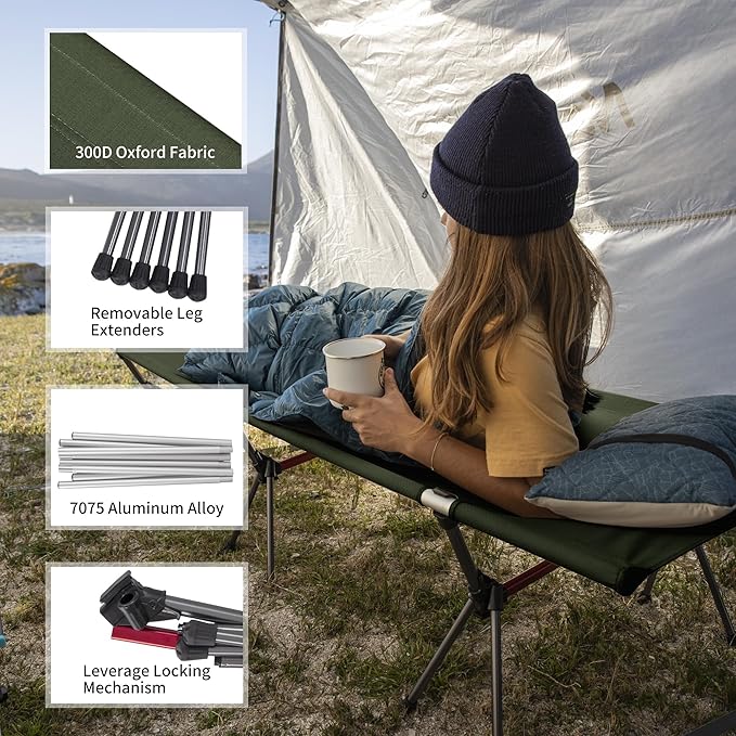 Naturehike ArmyWild Folding Camping Cot, Height Adjustable Ultralight Backpacking Cot, Portable Camping Bed for Camping Hiking Travel Home