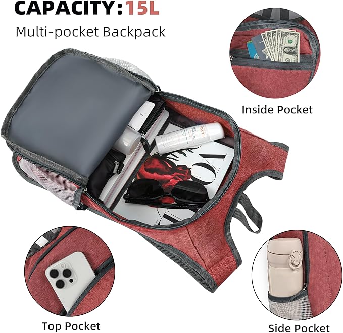 Hiking Backpack 15L Small Travel Backpack Lightweight Daypack Foldable Hiking Backpack Packable Camping Hiking Backpack for Women Men (Red)