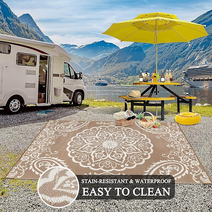 Pauwer Waterproof Outdoor Rug 6x9, Reversible Plastic Straw Patio Camping Rug, Indoor Outdoor RV Mat Carpet for Deck, Camper, Porch, Balcony, Backyard, Picnic, Boho Brown