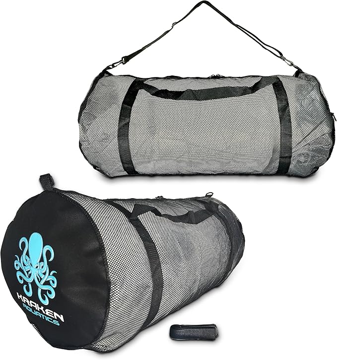 Mesh Duffle Bag with Shoulder Strap | Large Dive Bag for Scuba Diving Gear, Snorkeling, Freediving, Spearfishing, Swimming & Beach | Heavy-Duty Mesh Duffel Bag for Quick Drying