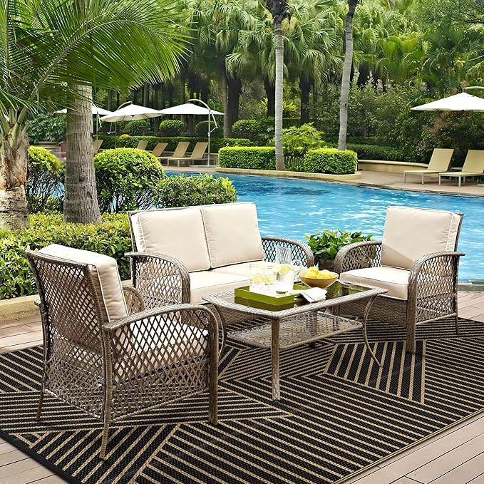 GENIMO Outdoor Rug 8'x10' for Patio Waterproof Clearance, Reversible Outdoor Plastic Straw Rug, Lightweight Carpet Camping Mat for Rv, Camper, Picnic, Balcony, Backyard, Deck, Porch, Black & Brown