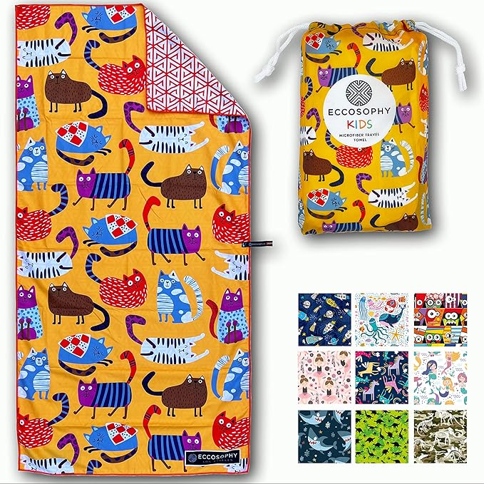 ECCOSOPHY Microfiber Kids Beach Towels & Pouch 60"x30" for Girls & Boys - Quick Dry Pool Towels - Sand Free Beach Blanket for Travel - Camping - Vacation - Toallas Playas