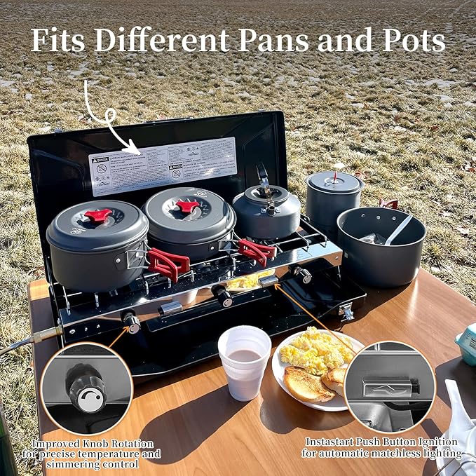 Camping Stove 3 Burner 20400 BTU Propane Portable Stove with Regulator, Toast Tray, Windshield for Car Camping BBQ Picnics Outdoor Cooking Camping Gas Stove
