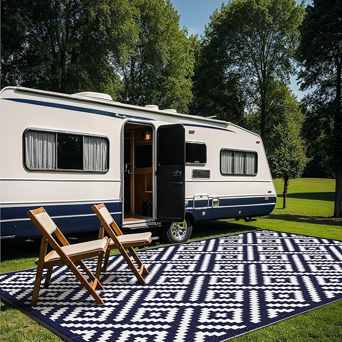GENIMO Outdoor Rug for Patio Clearance,9'x12' Waterproof Large Mat,Reversible Plastic Camping Rugs,Rv,Porch,Deck,Camper,Balcony,Backyard (Navy Blue & White)