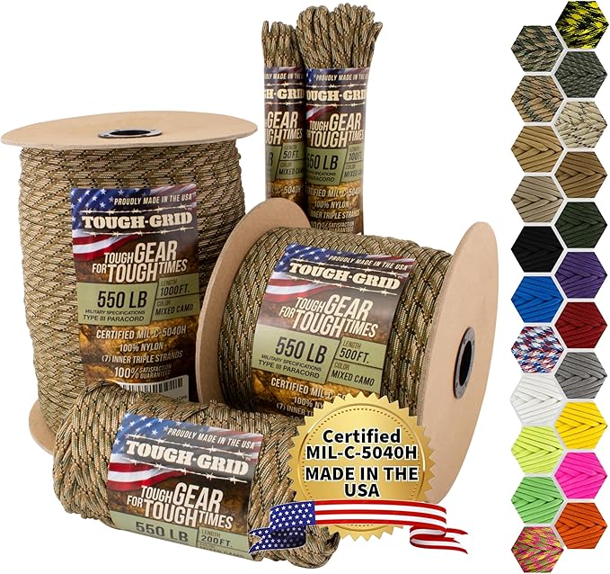 TOUGH-GRID Premium Mixed Camo Paracord 550 lbs Made in USA Outdoor Survival Nylon Rope Tactical Heavy Duty Strands Parachute Cord Used by US Military Type III Mil-Spec